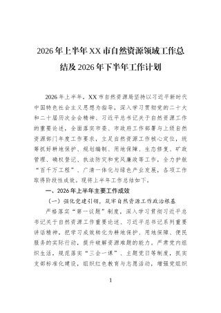 2026年上半年XX市自然资源领域工作总结及2026年下半年工作计划