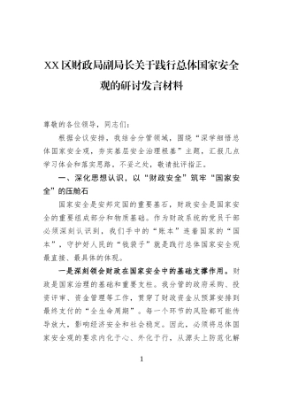XX区财政局副局长关于践行总体国家安全观的研讨发言材料