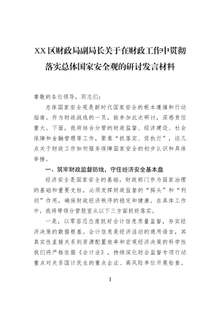 XX区财政局副局长关于在财政工作中贯彻落实总体国家安全观的研讨发言材料