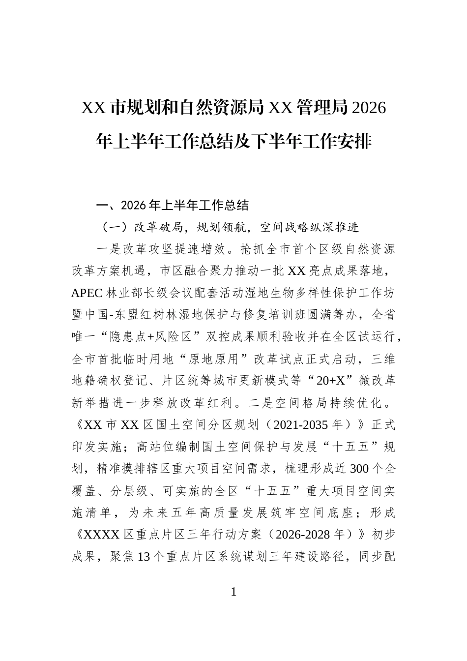 XX市规划和自然资源局XX管理局2026年上半年工作总结及下半年工作安排_第1页
