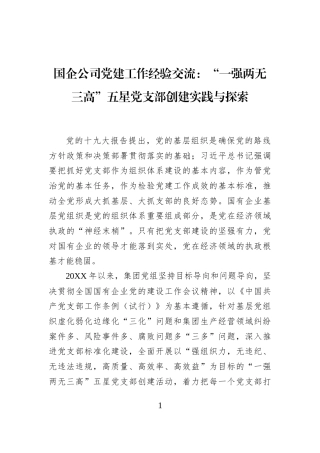 国企公司党建工作经验交流：“一强两无三高”五星党支部创建实践与探索