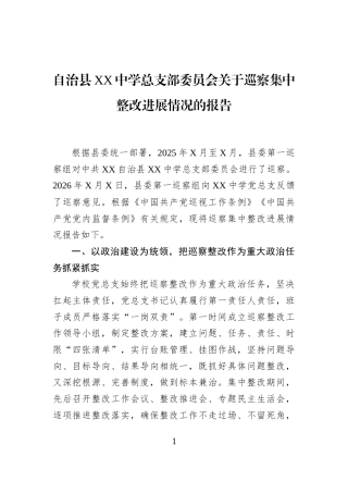 自治县XX中学总支部委员会关于巡察集中整改进展情况的报告