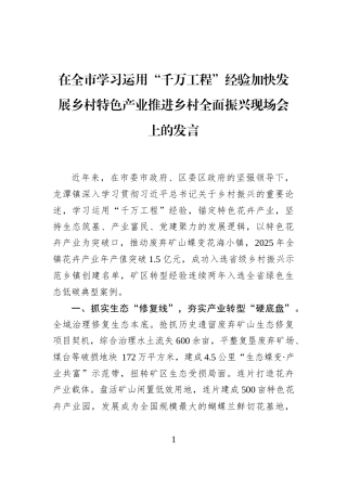 在全市学习运用“千万工程”经验加快发展乡村特色产业推进乡村全面振兴现场会上的发言