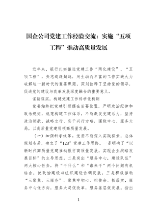 国企公司党建工作经验交流：实施“五项工程”推动高质量发展