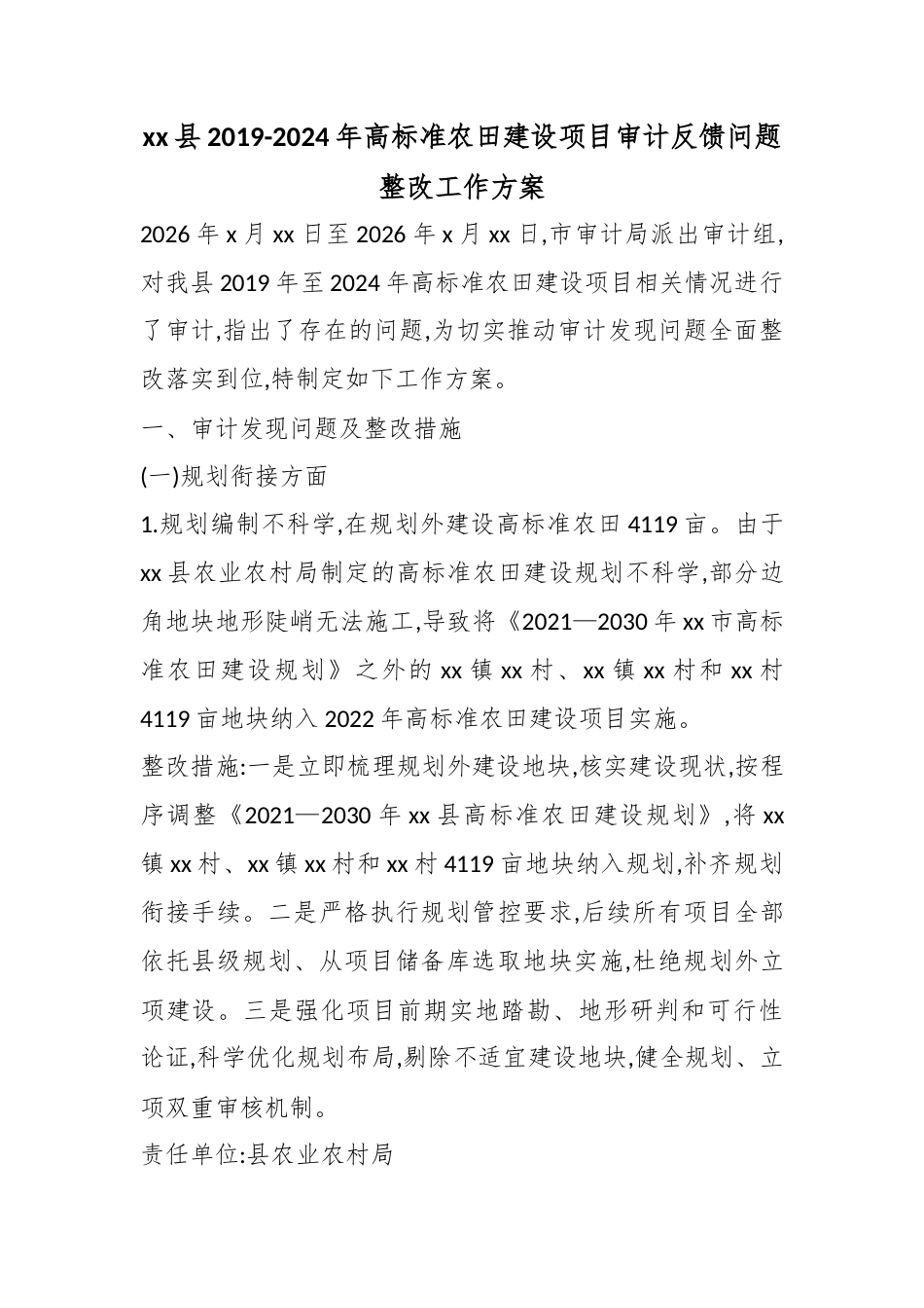 县2019-2024年高标准农田建设项目审计反馈问题整改工作方案_第1页