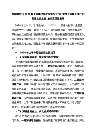 某国有银行2026年上半年经营发展情况工作汇报及下半年工作计划：聚焦主责主业推动高质量发展