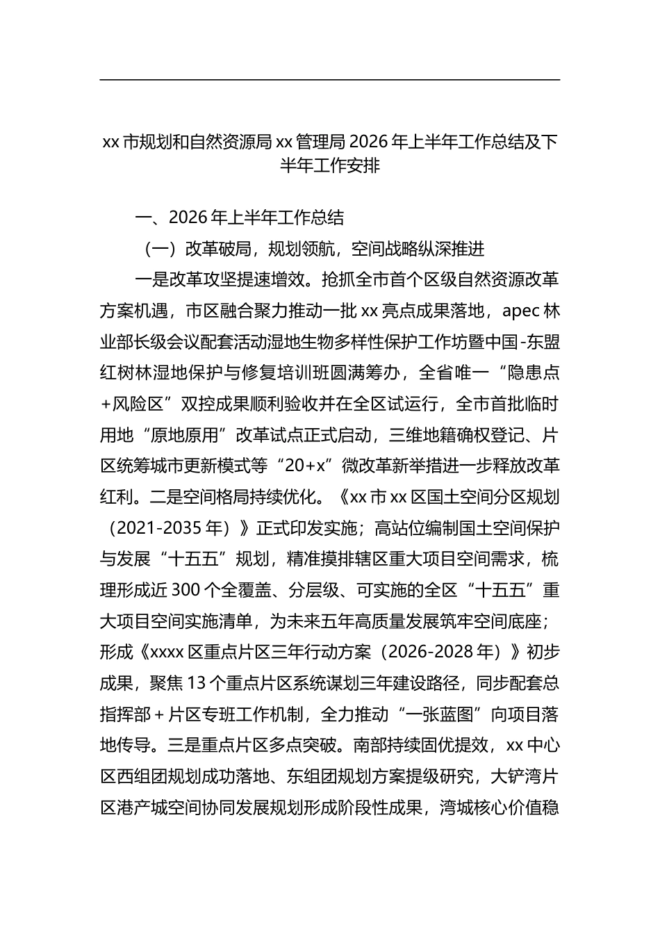 市规划和自然资源局管理局2026年上半年工作总结及下半年工作安排_第1页