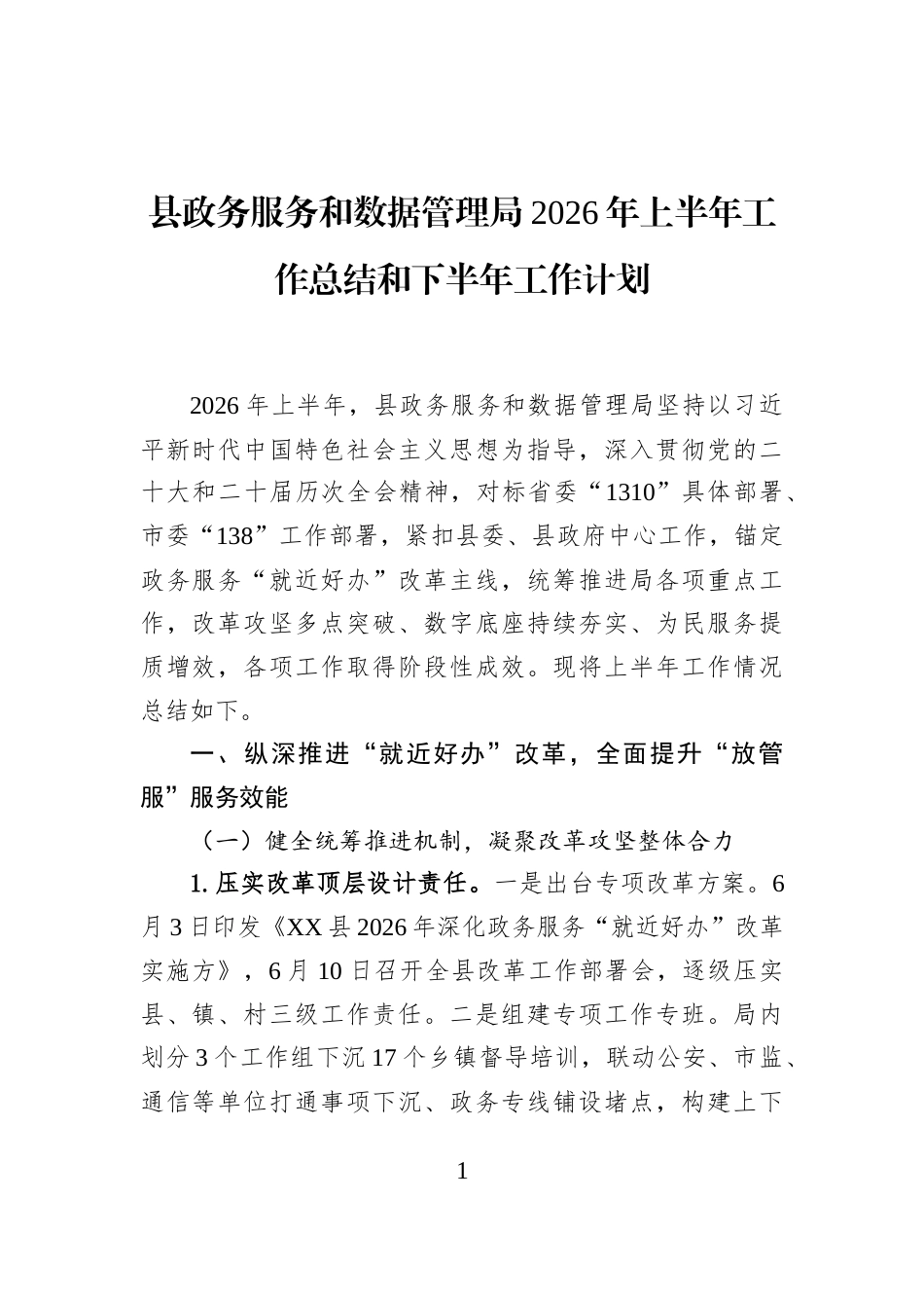 县政务服务和数据管理局2026年上半年工作总结和下半年工作计划_第1页