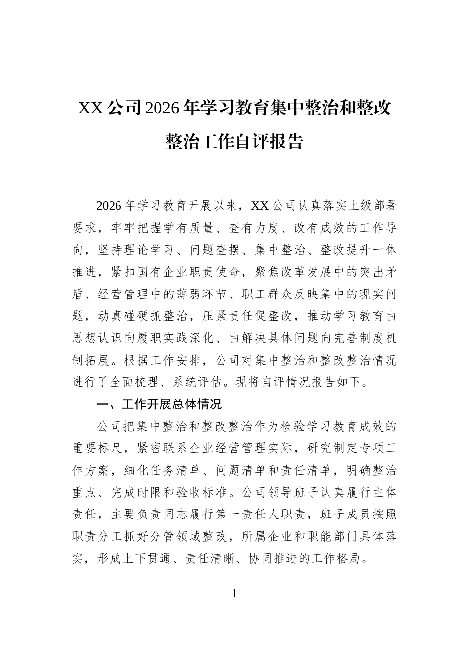 XX公司2026年学习教育集中整治和整改整治工作自评报告_第1页