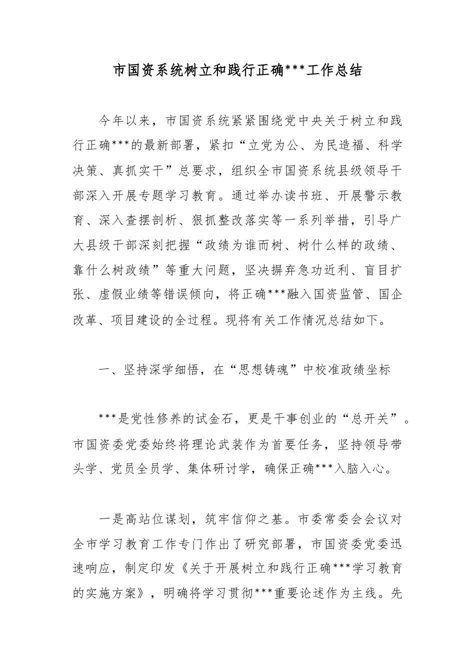 市国资系统树立和践行正确政绩观工作总结_第1页