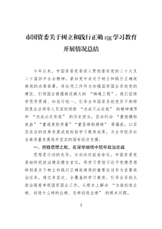市国资委关于树立和践行正确zjg学习教育开展情况总结