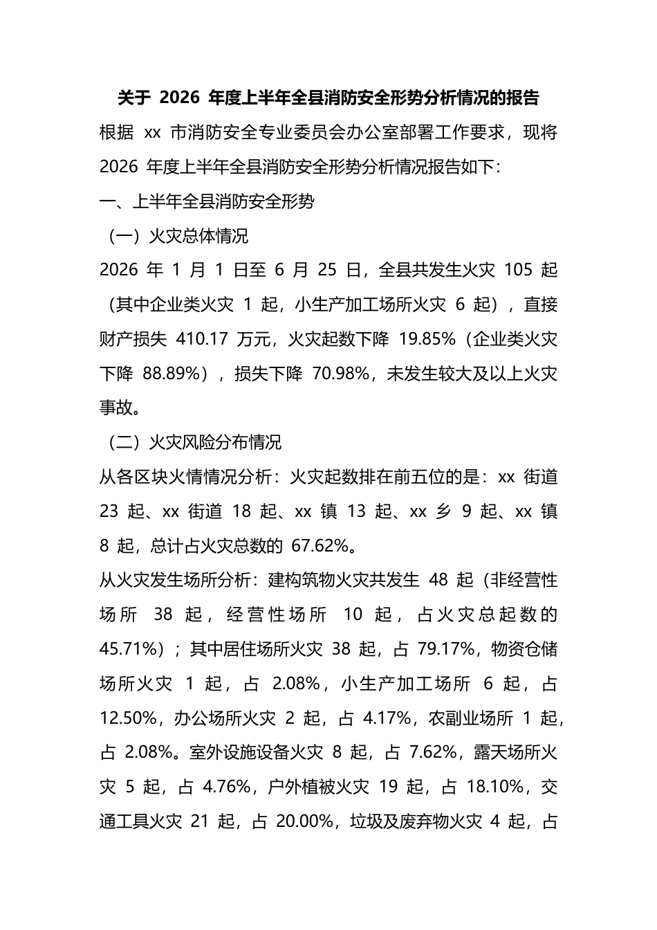 关于2026年度上半年全县消防安全形势分析情况的报告_第1页