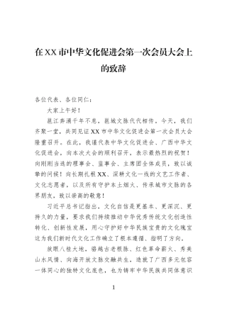 在XX市中华文化促进会第一次会员大会上的致辞