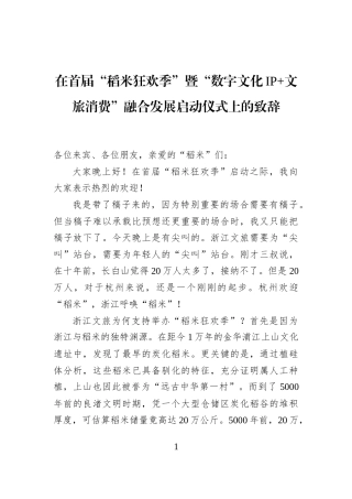 在首届“稻米狂欢季”暨“数字文化IP+文旅消费”融合发展启动仪式上的致辞