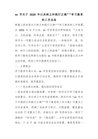 市关于2026年以来树立和践行正确政绩观学习教育的工作总结