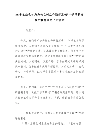 市农业农村局局长在树立和践行正确政绩观学习教育警示教育大会上的讲话