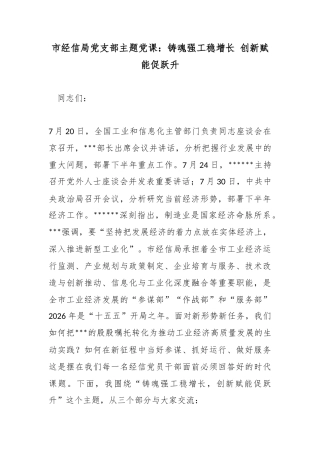市经信局党支部主题党课：铸魂强工稳增长创新赋能促跃升