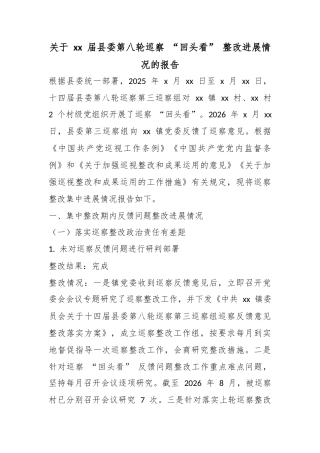 关于届县委第八轮巡察“回头看”整改进展情况的报告
