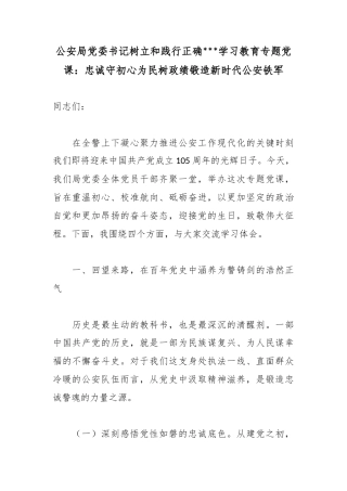 公安局党委书记树立和践行正确政绩观学习教育专题党课：忠诚守初心为民树政绩锻造新时代公安铁军
