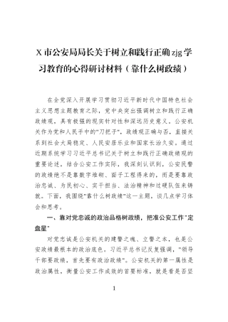X市公安局局长关于树立和践行正确zjg学习教育的心得研讨材料（靠什么树政绩）