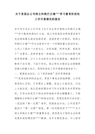 关于某国企公司树立和践行正确政绩观学习教育阶段性工作开展情况的报告