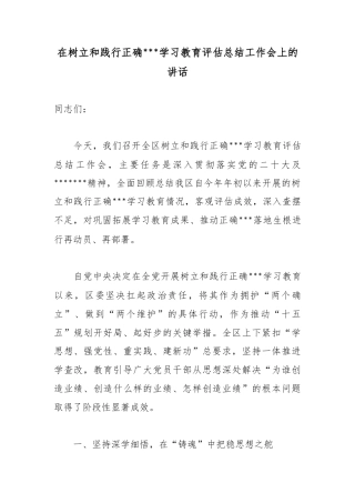 在树立和践行正确政绩观学习教育评估总结工作会上的讲话