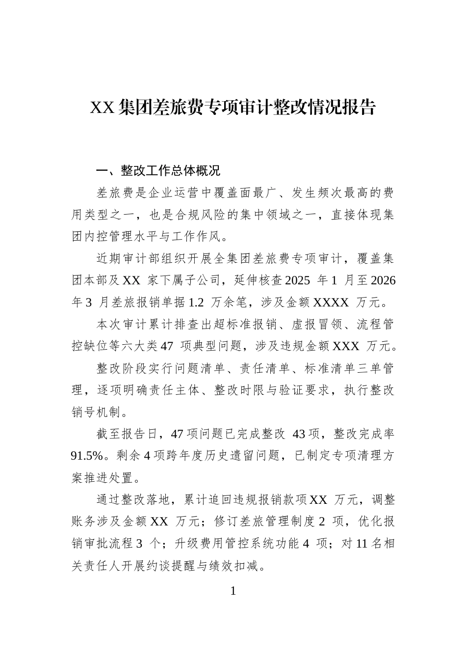 XX集团差旅费专项审计整改情况报告_第1页