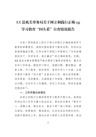 XX县机关事务局关于树立和践行正确zjg学习教育“回头看”自查情况报告