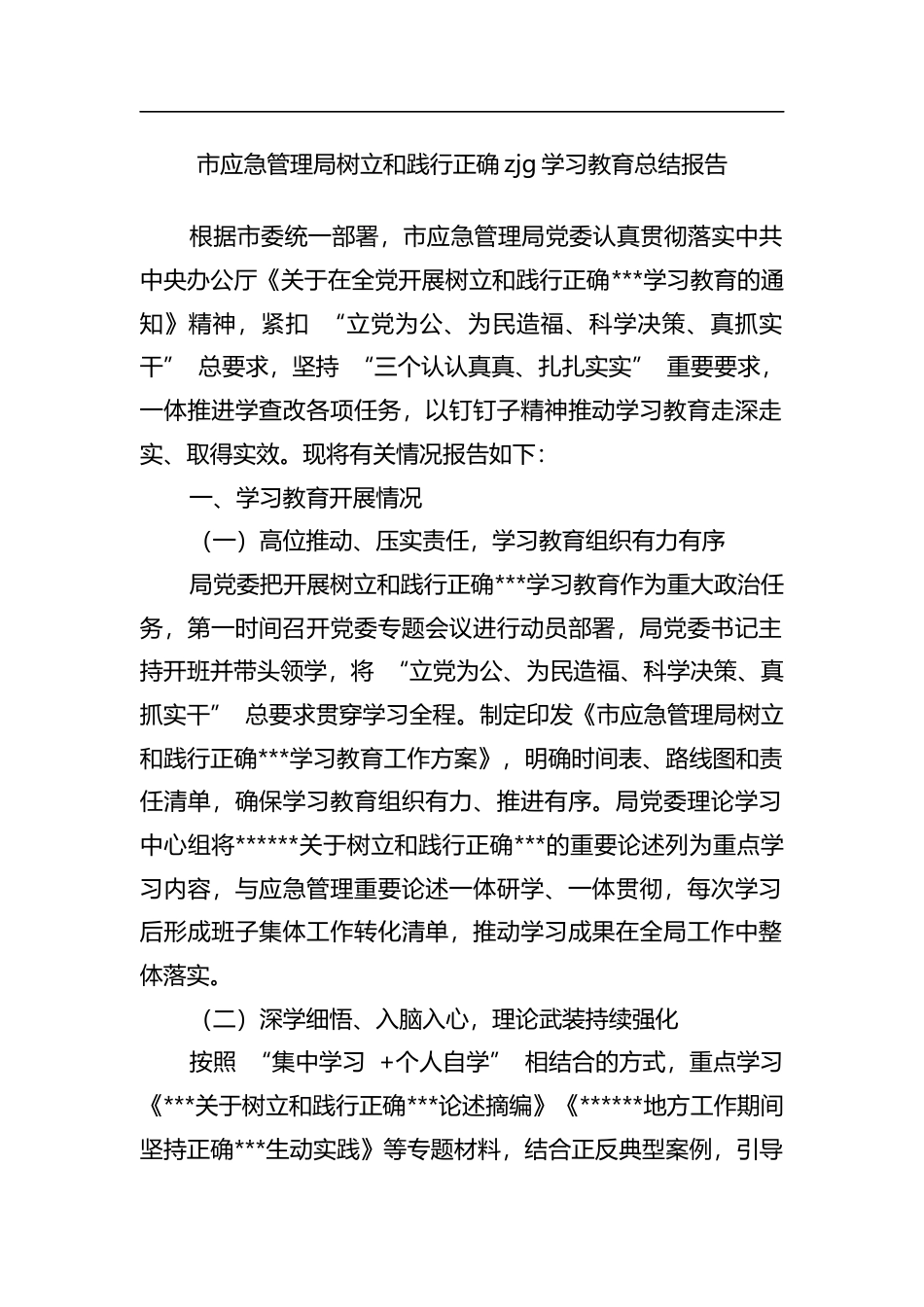 市应急管理局树立和践行正确zjg学习教育总结报告_第1页