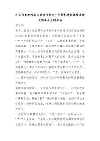 在全市高标准农田建设项目突出问题机动巡察整改动员部署会上的讲话