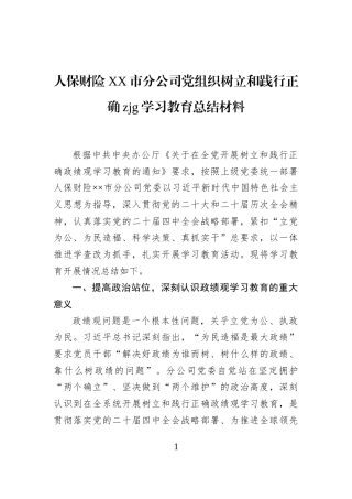 人保财险XX市分公司党组织树立和践行正确zjg学习教育总结材料