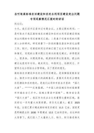 在听取高标准农田建设和农村水利项目建设突出问题专项巡察情况汇报时的讲话