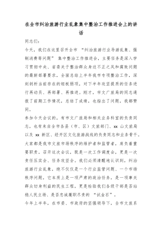 在全市纠治旅游行业乱象集中整治工作推进会上的讲话