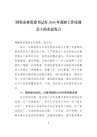 国有企业党委书记在2026年巡察工作反馈会上的表态发言