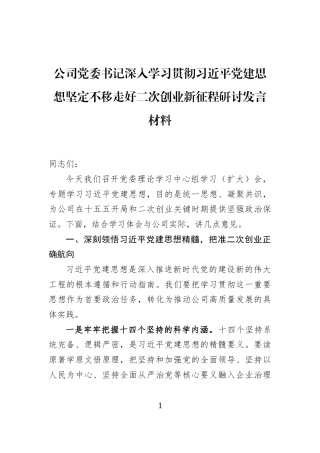公司党委书记深入学习贯彻习近平党建思想坚定不移走好二次创业新征程研讨发言材料