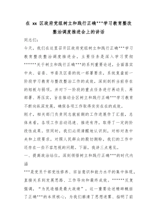 在区政府党组树立和践行正确政绩观学习教育整改整治调度推进会上的讲话