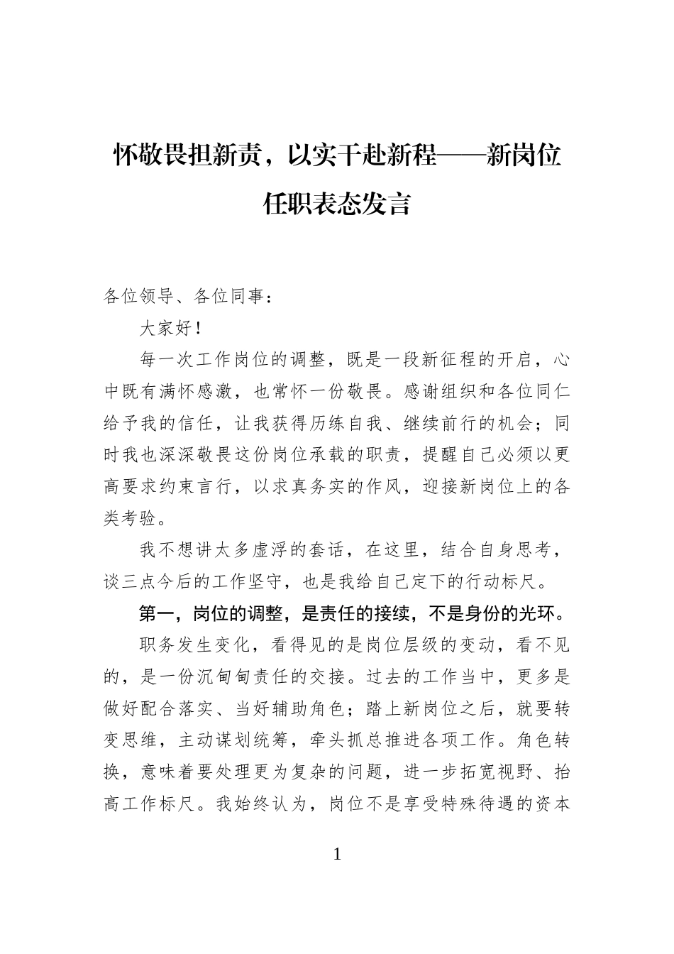 怀敬畏担新责，以实干赴新程——新岗位任职表态发言_第1页