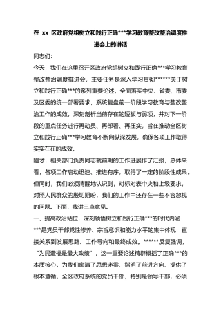 在区政府党组树立和践行正确政绩观学习教育整改整治调度推进会上的讲话