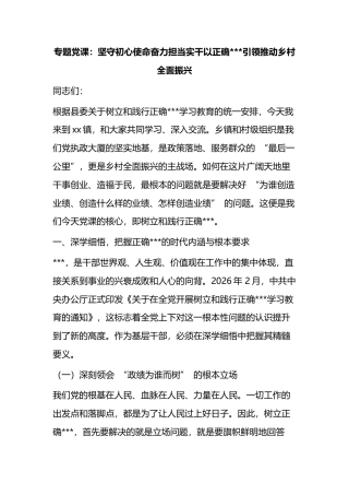 专题党课：坚守初心使命奋力担当实干以正确政绩观引领推动乡村全面振兴
