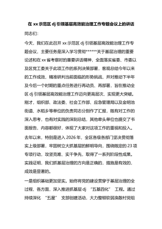 在示范区党建引领基层高效能治理工作专题会议上的讲话