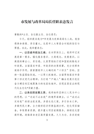 市发展与改革局局长任职表态发言