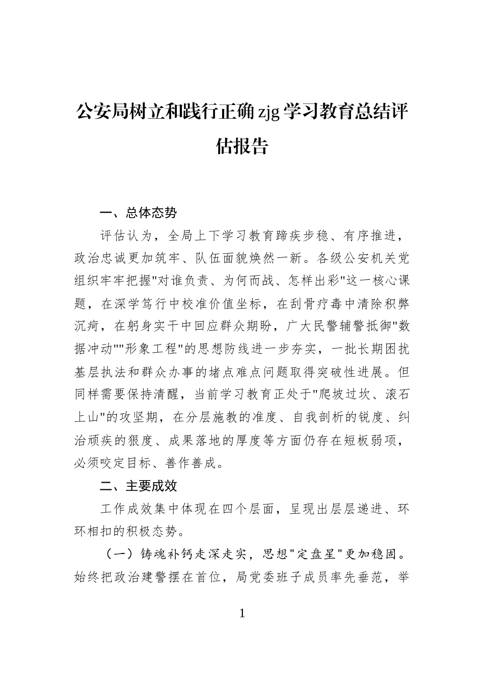 公安局树立和践行正确zjg学习教育总结评估报告_第1页