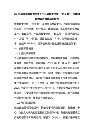 县医疗保障局党组关于十三届县委巡察“回头看”反馈问题整改进展情况的报告