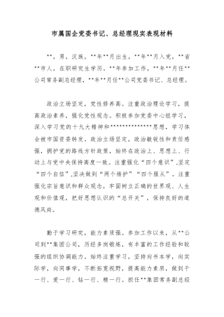 市属国企党委书记、总经理现实表现材料