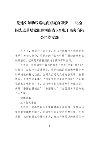 党建引领助残路电商点亮自强梦——记全国先进基层党组织河南省XX电子商务有限公司党支部