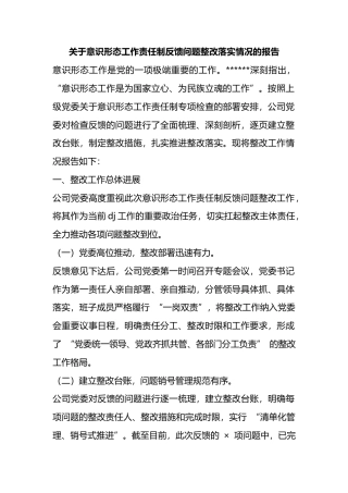 关于意识形态工作责任制反馈问题整改落实情况的报告