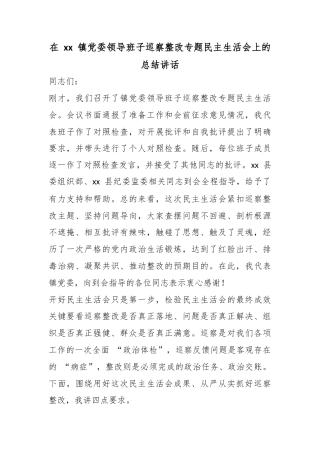 在镇党委领导班子巡察整改专题民主生活会上的总结讲话