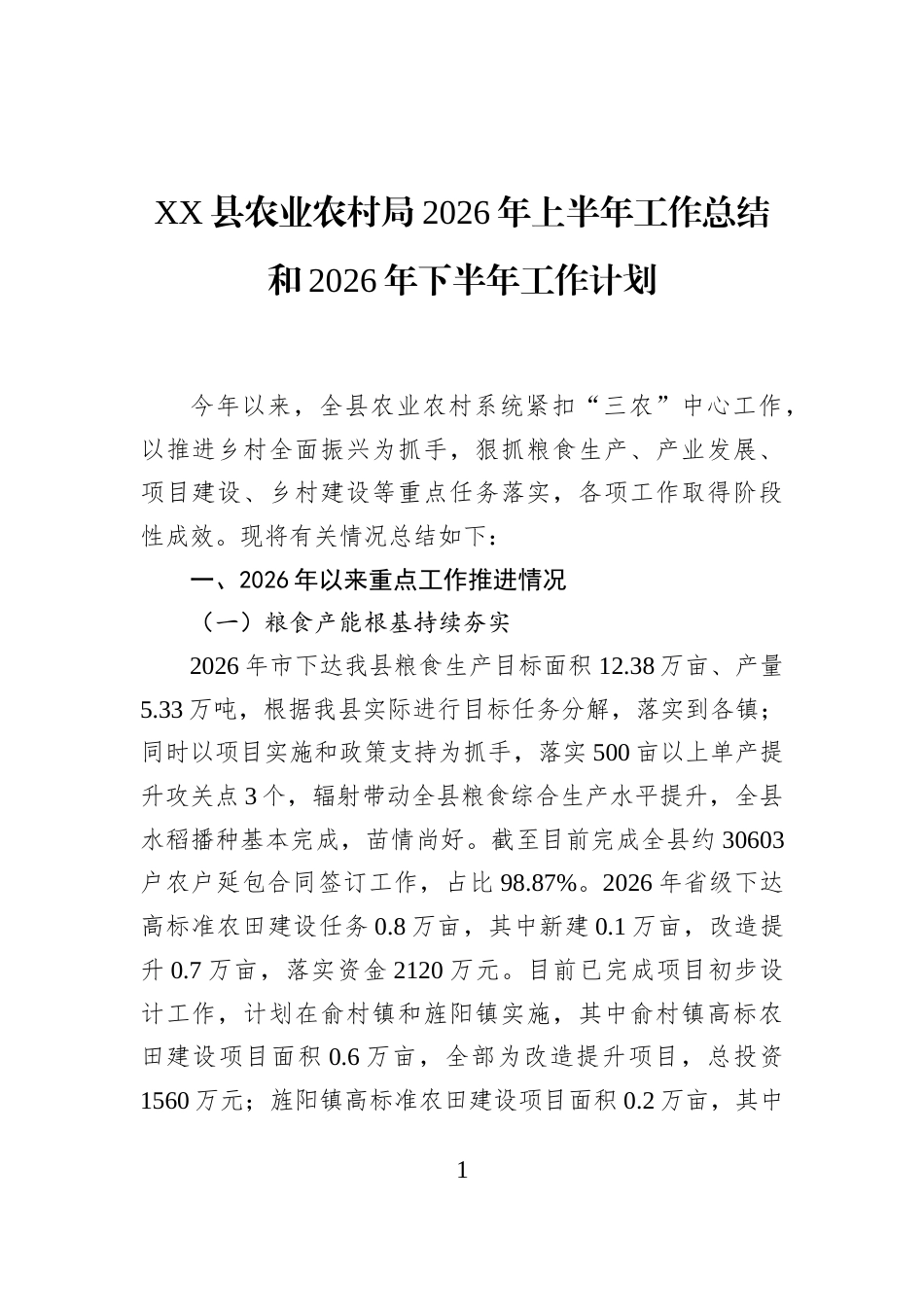 XX县农业农村局2026年上半年工作总结和2026年下半年工作计划 (1)_第1页