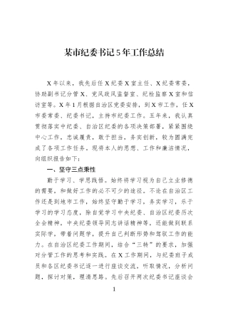 某市纪委书记5年工作总结