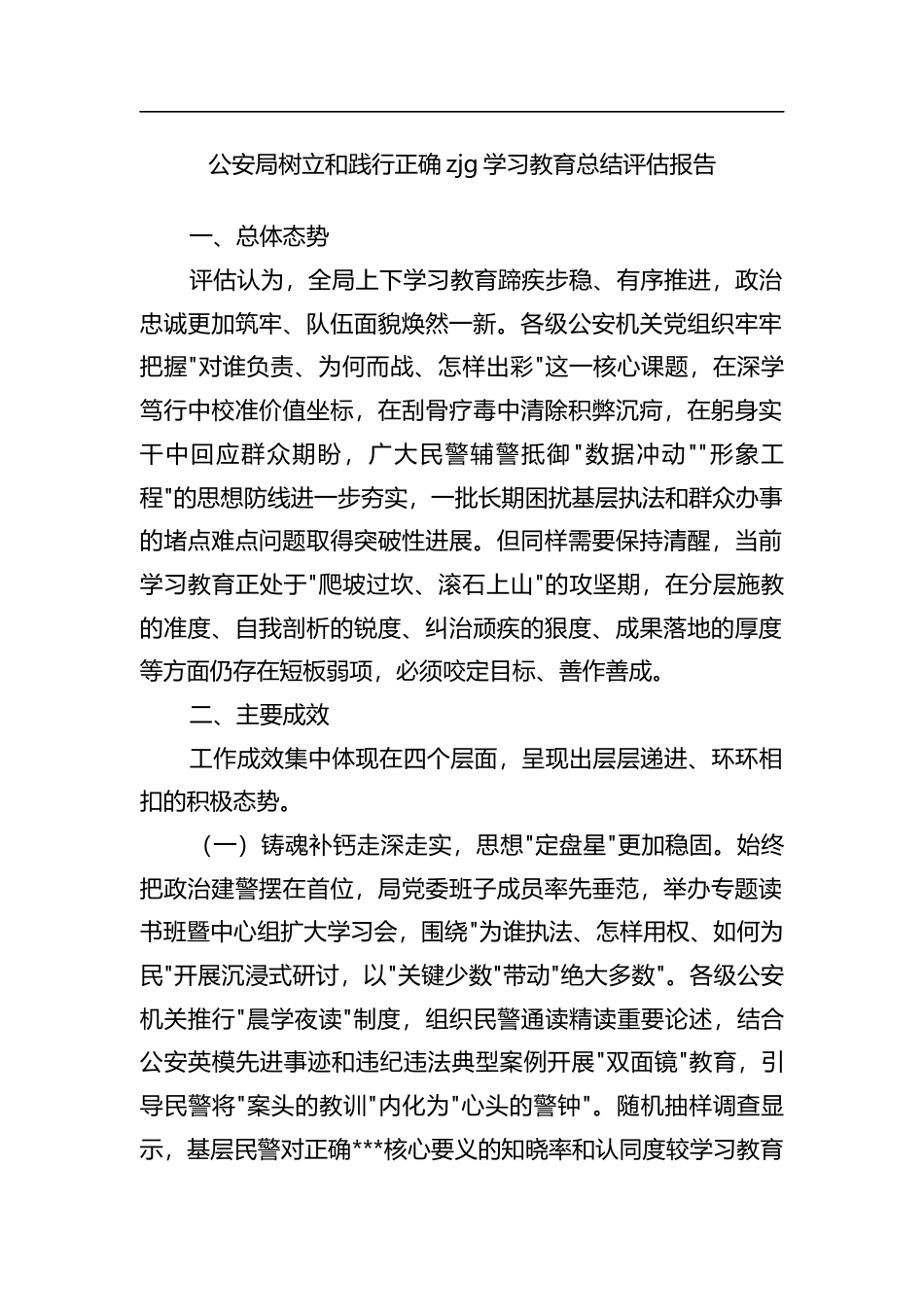 公安局树立和践行正确zjg学习教育总结评估报告_第1页